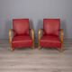 Pair of vintage 1950's armchairs in red leather, italian design
