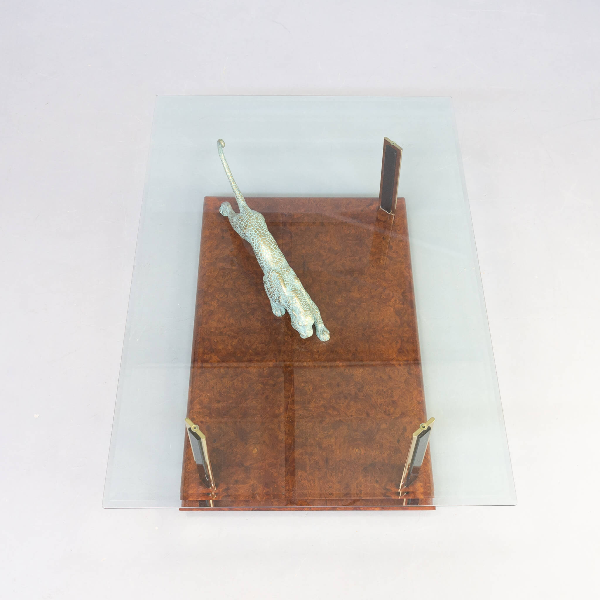 70s Nicola Voci brass sculptural glass panther coffee table