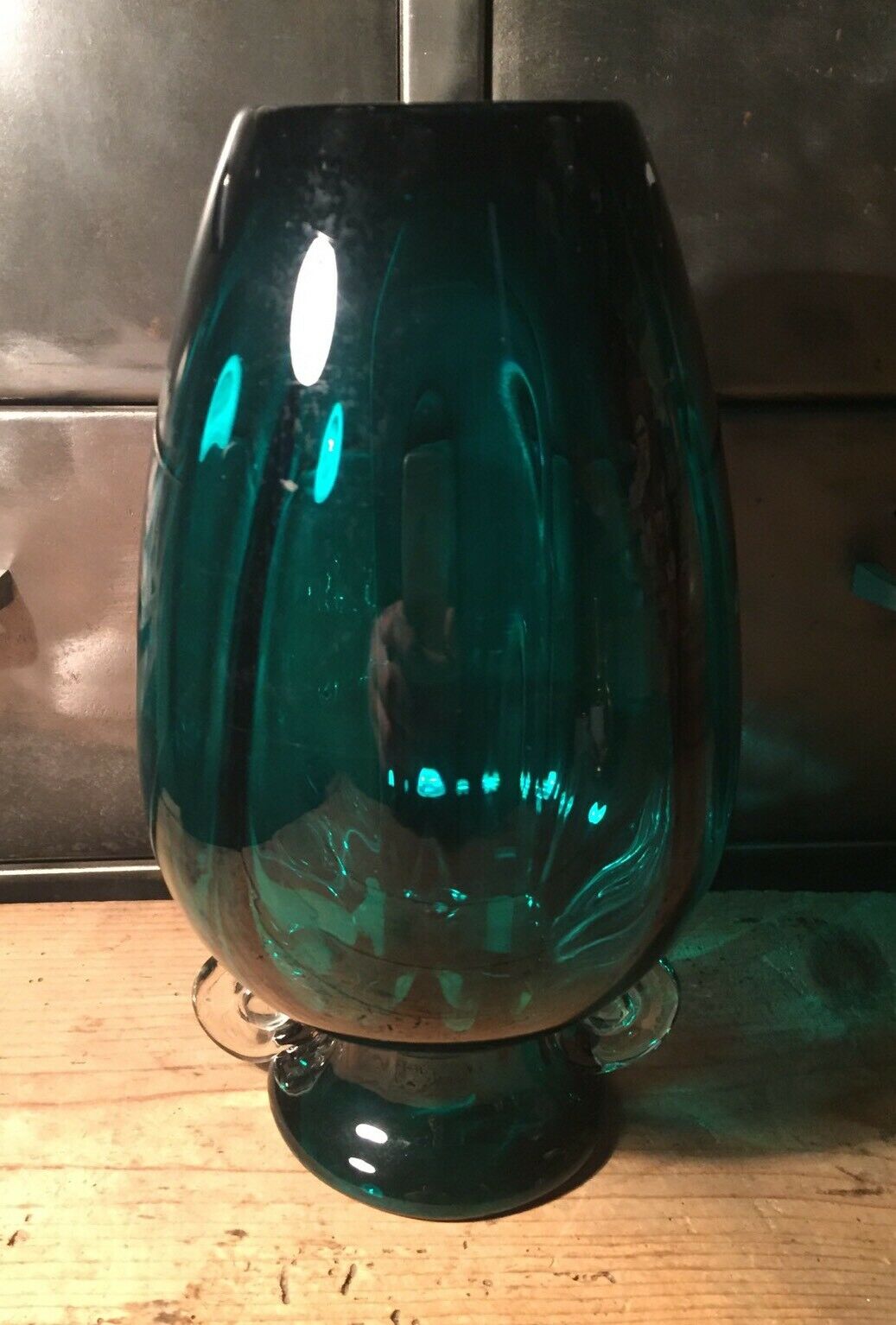 Vase verre soufflé ansé bleu canard