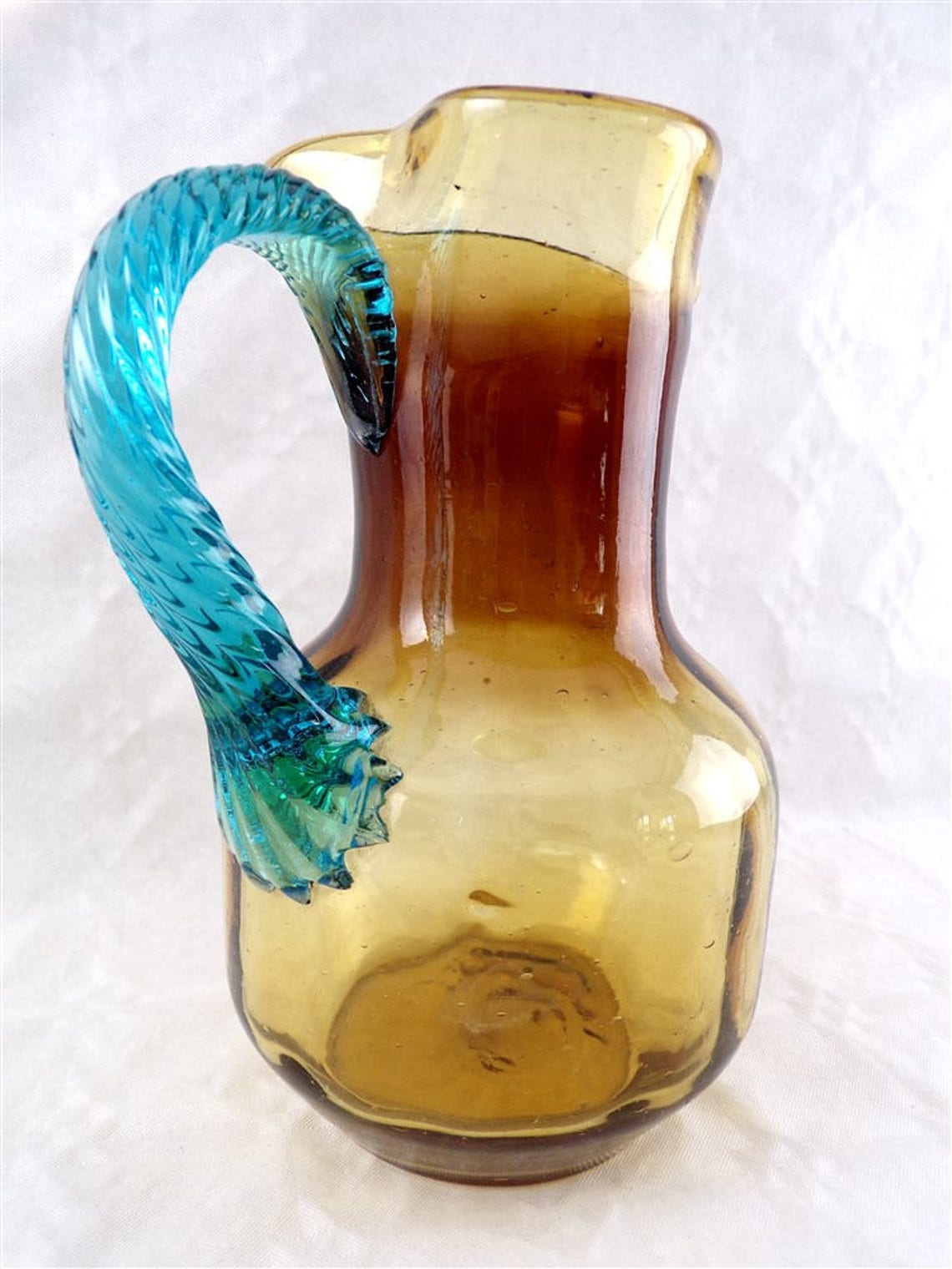 Pitcher in blown glass Portieux model Georges Sand amber and vintage blue France
