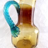 Pitcher in blown glass Portieux model Georges Sand amber and vintage blue France