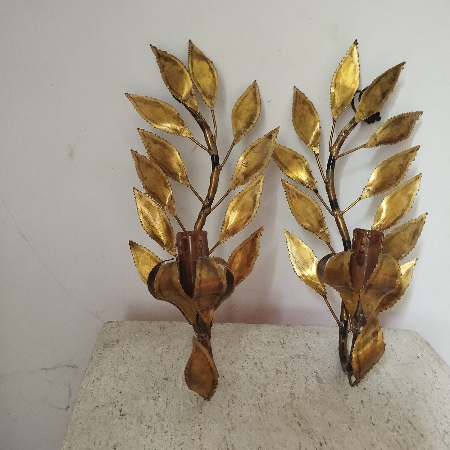 Pair of gold metal floral leaf sconces