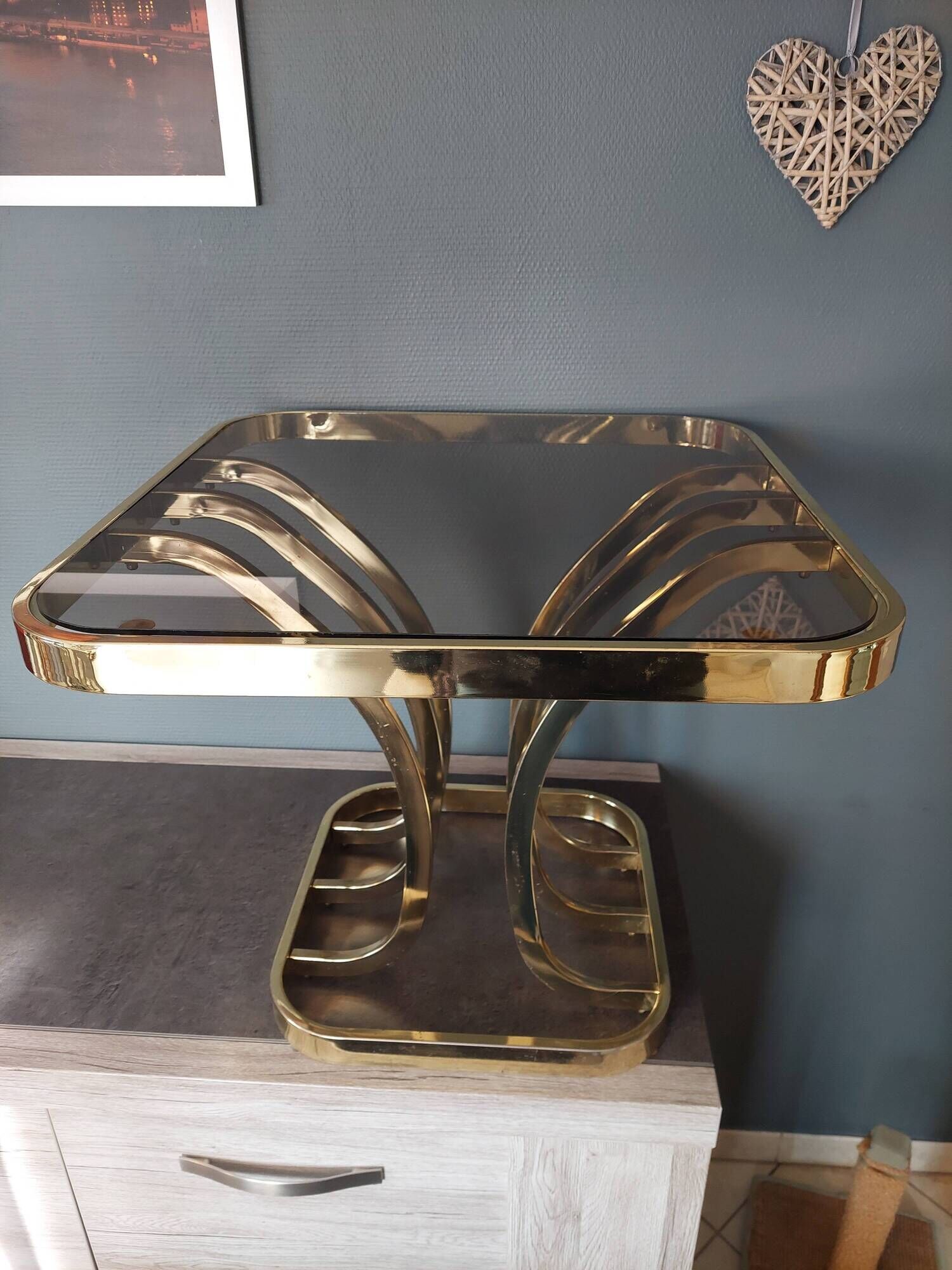 Vintage square brass and glass coffee table with smoked glass top, french 1970