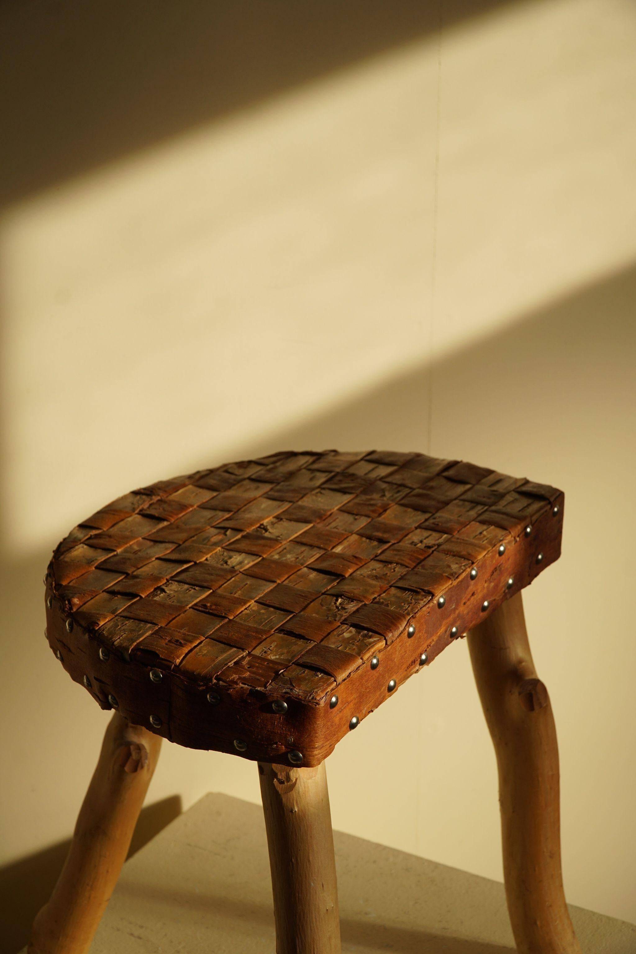 Modern Danish handmade organic wood tripod stool Wabi Sabi, 1960s