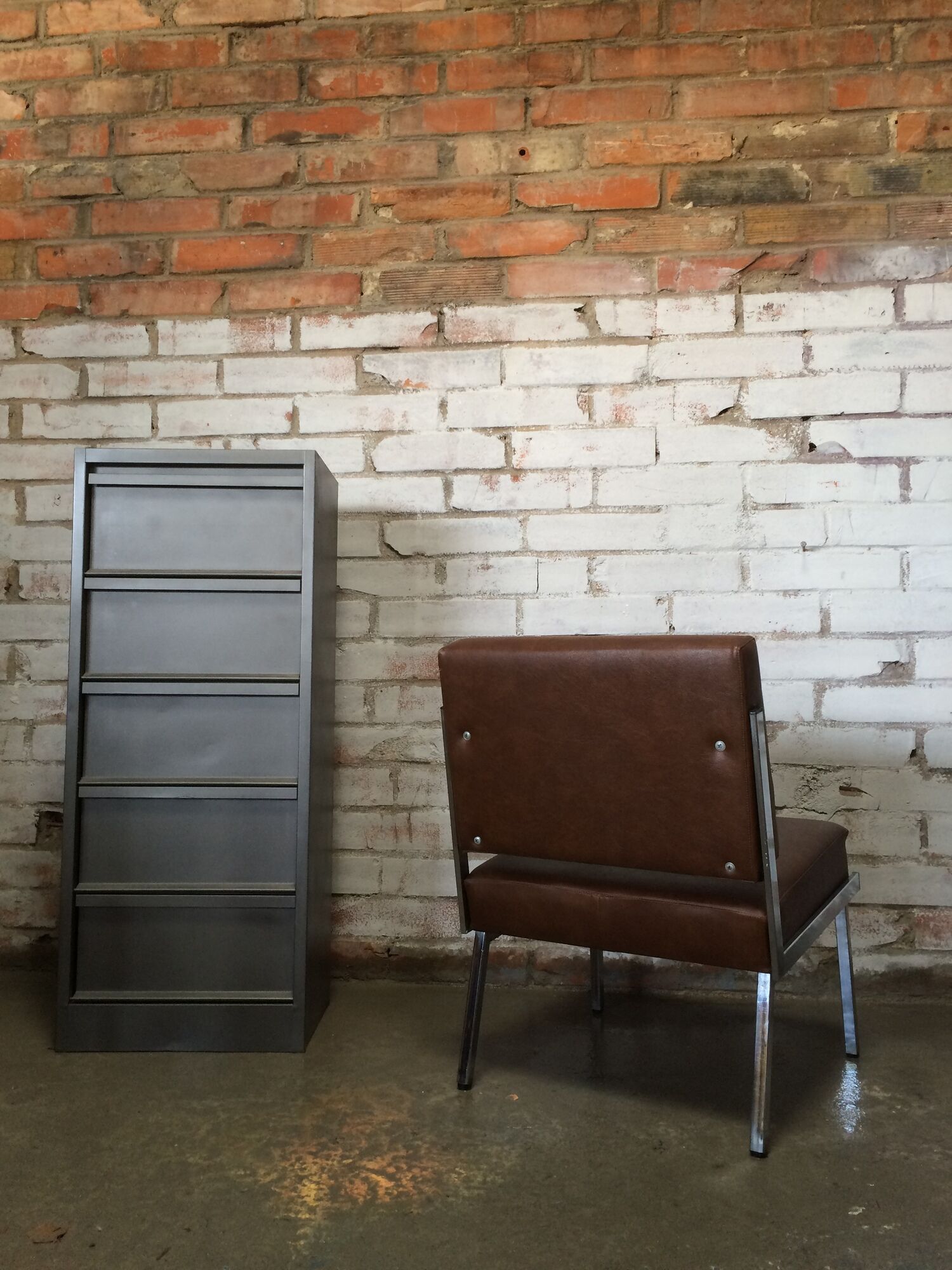 Modernist fireside chair / vintage chrome and skai armchair