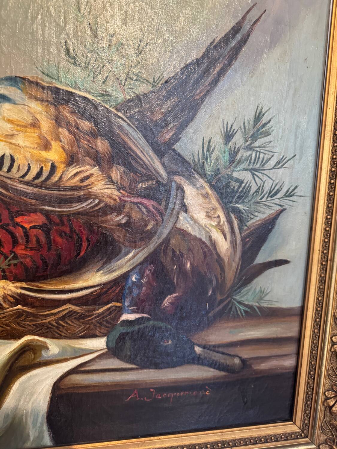 Still life with bottle and game, signed, 20th century