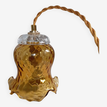 Vintage amber tulip portable lamp with ocher textile cord