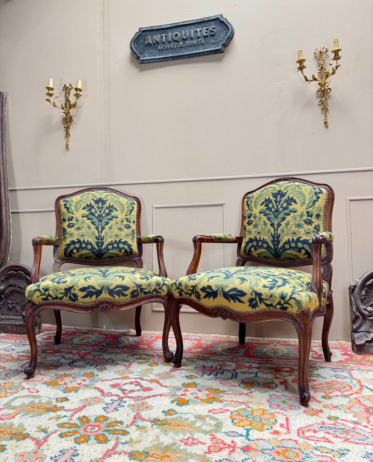 Pair of Louis XV Style Walnut Armchairs, 19th Century