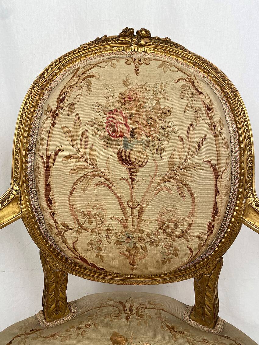 Louis XVI style gilded wood armchair, late 19th or early 20th century