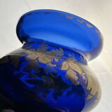 Antique covered pot or sugar bowl in blue and gold glass, early 20th century