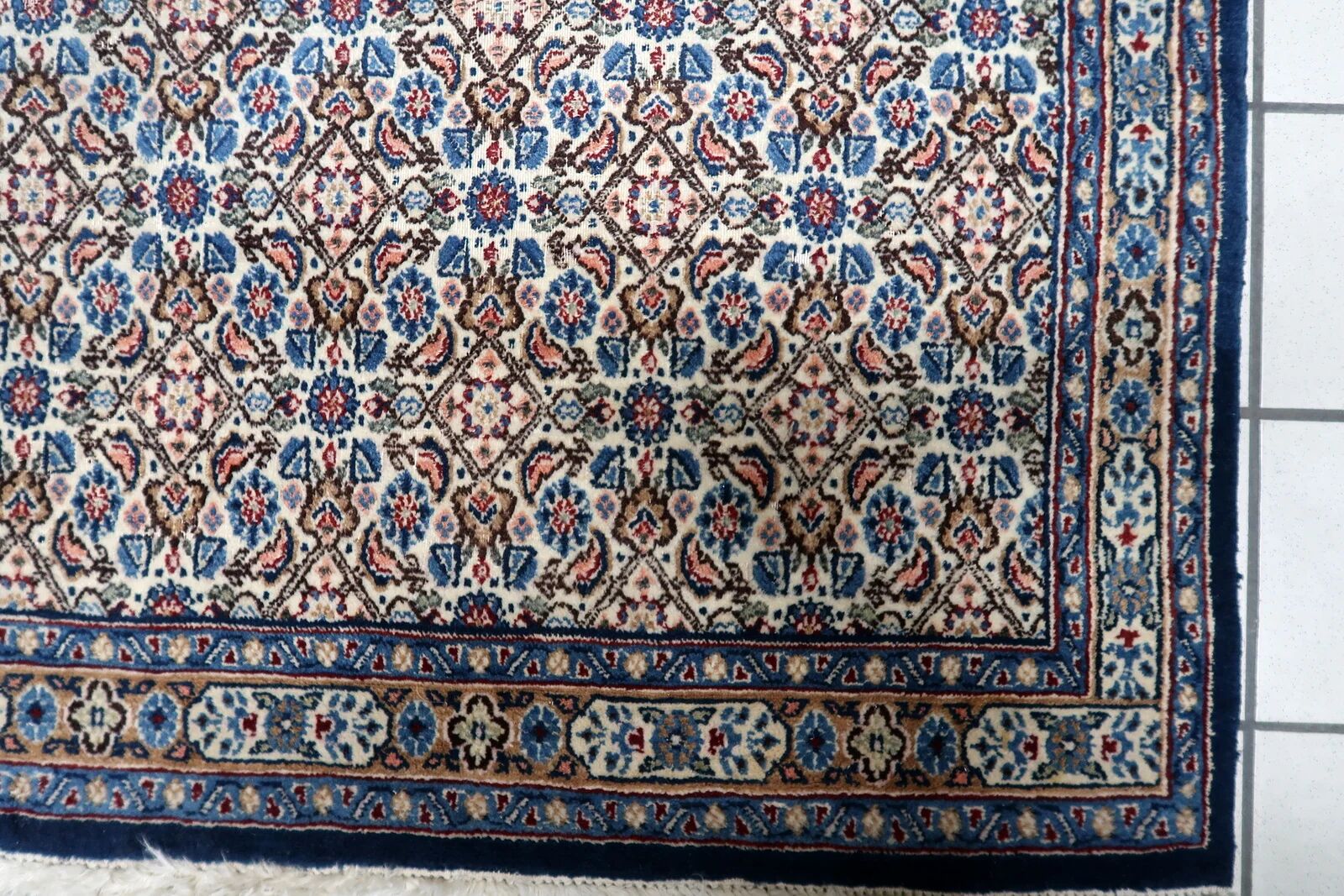 1950s handmade wool floral rug, ivory and blue, 98 × 145 cm