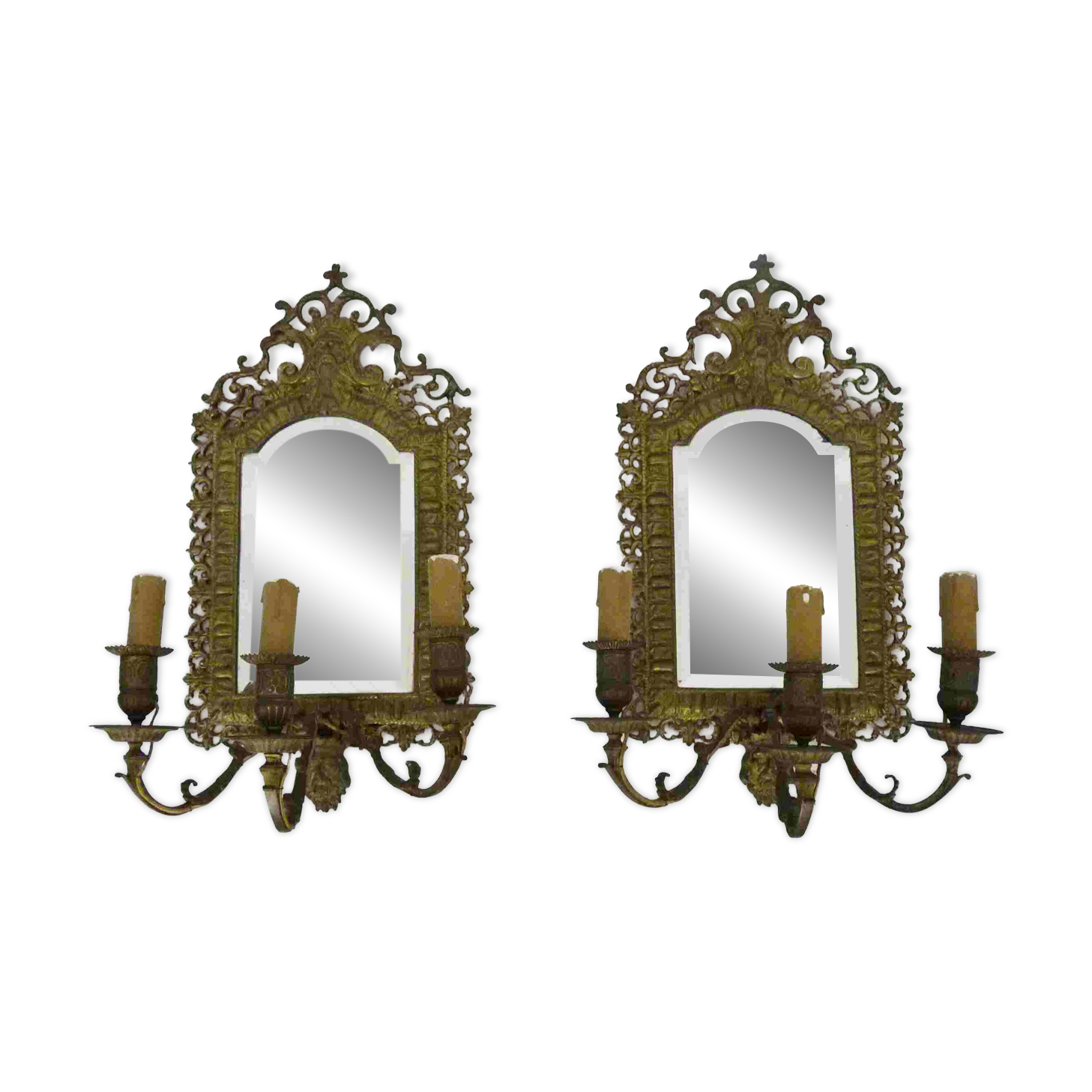 Pair of 3-light beveled mirror wall lights in Napoleon style, gilded bronze