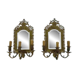 Pair of 3-light beveled mirror wall lights in Napoleon style, gilded bronze