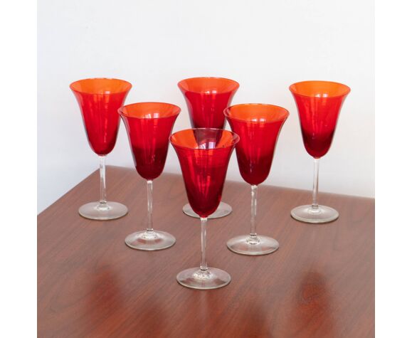 6 flûtes à champagne en verre rouge rubis | Selency