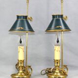 Pair of Empire style bouillotte lamps with bronze conical lampshade Lucien Gau