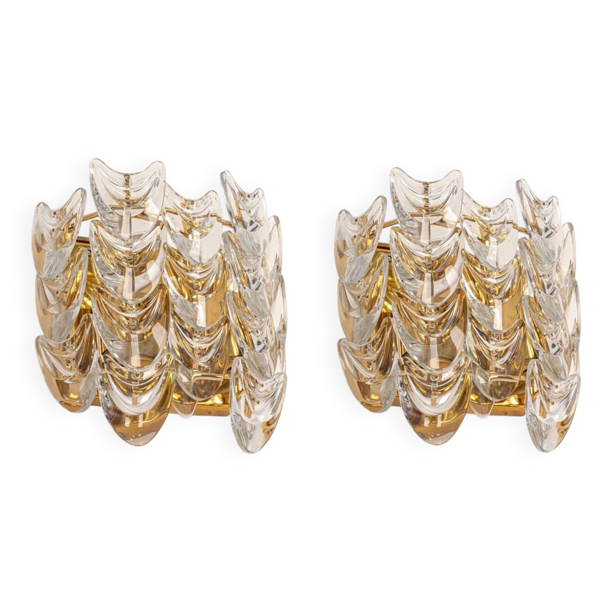 Pair of wall sconces in gilded brass and crystal, Sciolari design, Palwa, Germany, 1960s.