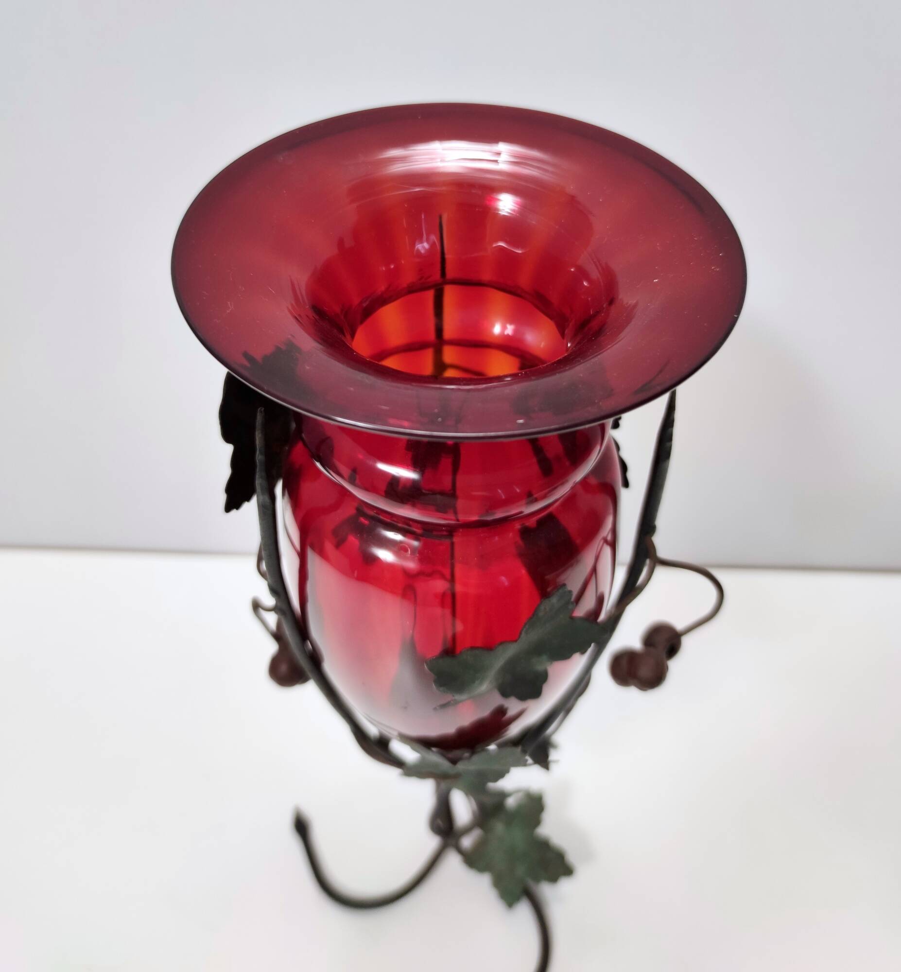 Ruby Red Murano Glass Vase with Iron Grape Vines Ascribable to Umberto Bell