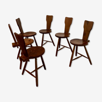 Set of 6 vintage Brutalist design wooden stool chairs from the 50s / farmhouse chalet