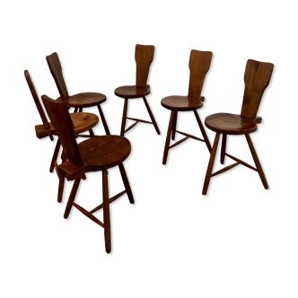 Set of 6 vintage Brutalist design wooden stool chairs from the 50s / farmhouse chalet