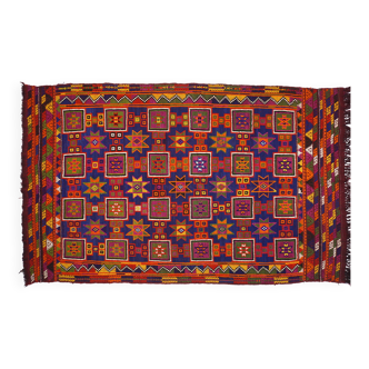 Grand Tapis Kilim Vintage – Explosion de Couleurs & Motifs Étoilés