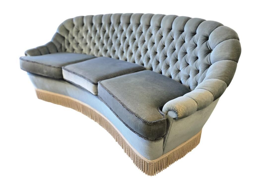 Light blue vintage sofa / armchair with fringes