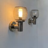 Pair of vintage wall lights, chromed metal and bubbled glass, France, 1960