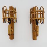 Pair of bamboo rattan lantern wall lights. 50s 60s