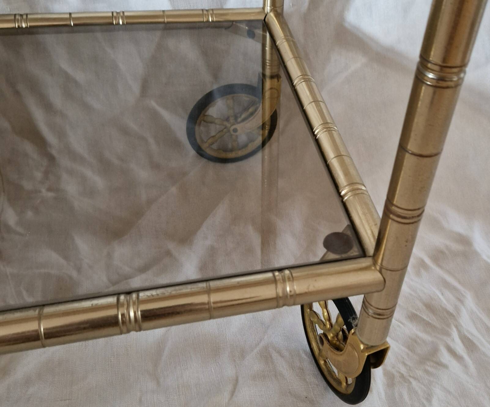 Rolling dessert trolley in gilded brass & glass from the 1970s in the style of Maison Jansen.