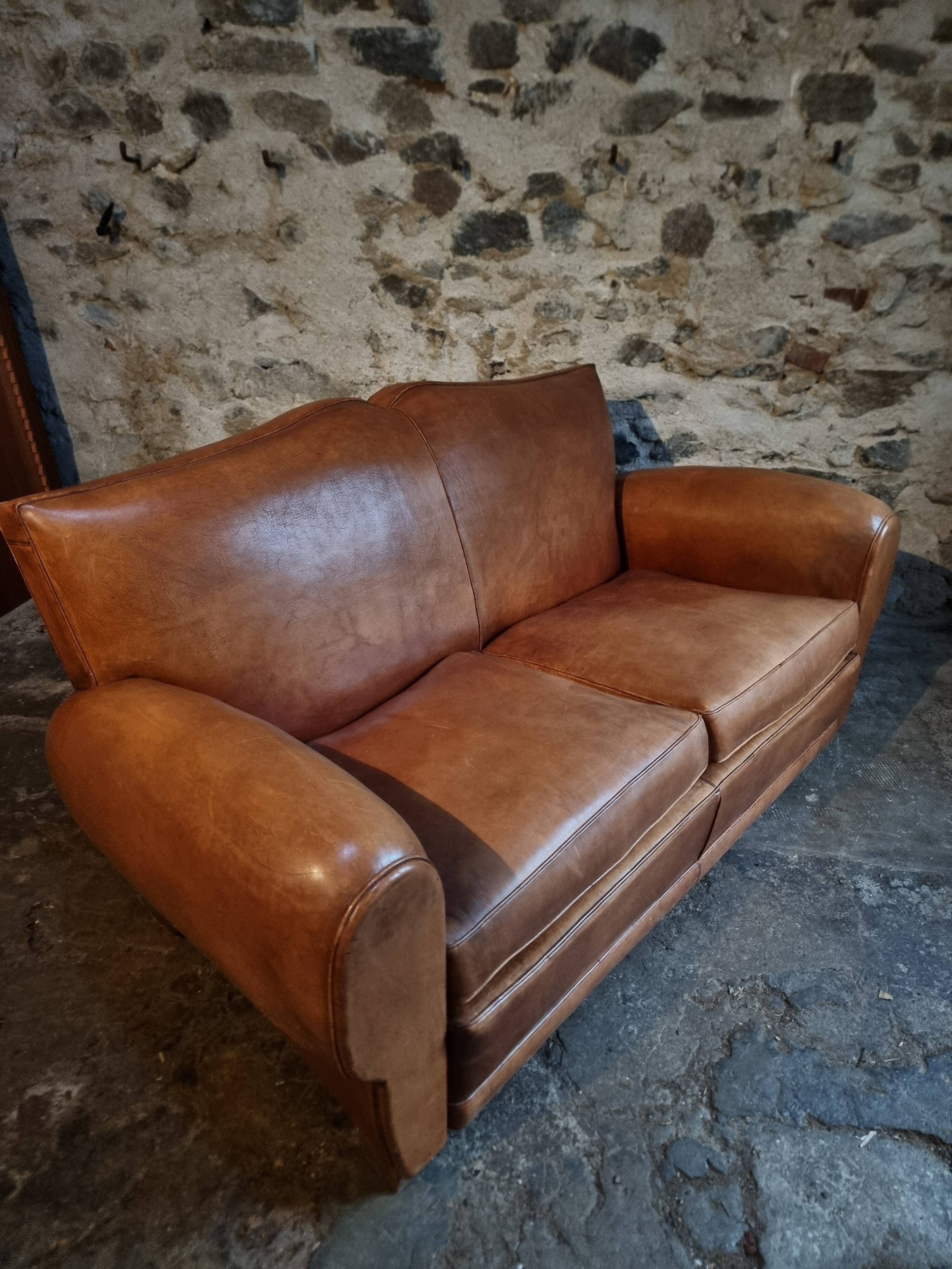 Vintage French leather moustache canapé, 1940s–1950s