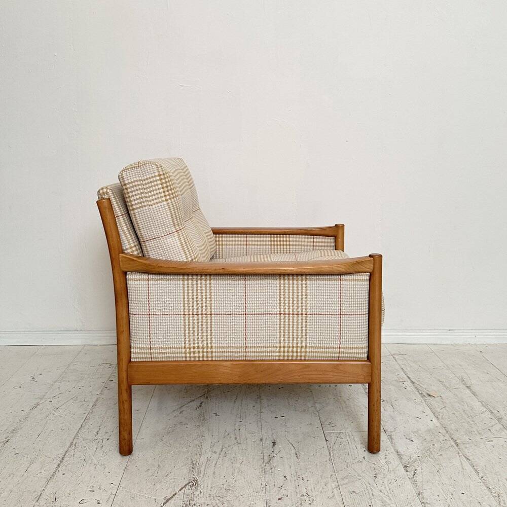 Mid-Century Scandinavian Armchair in Cherry Wood and Checked Fabric, 1960s