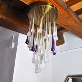 Venini waterfall ceiling lamp, murano crystals, two-tone purple and white, Italy, 1960