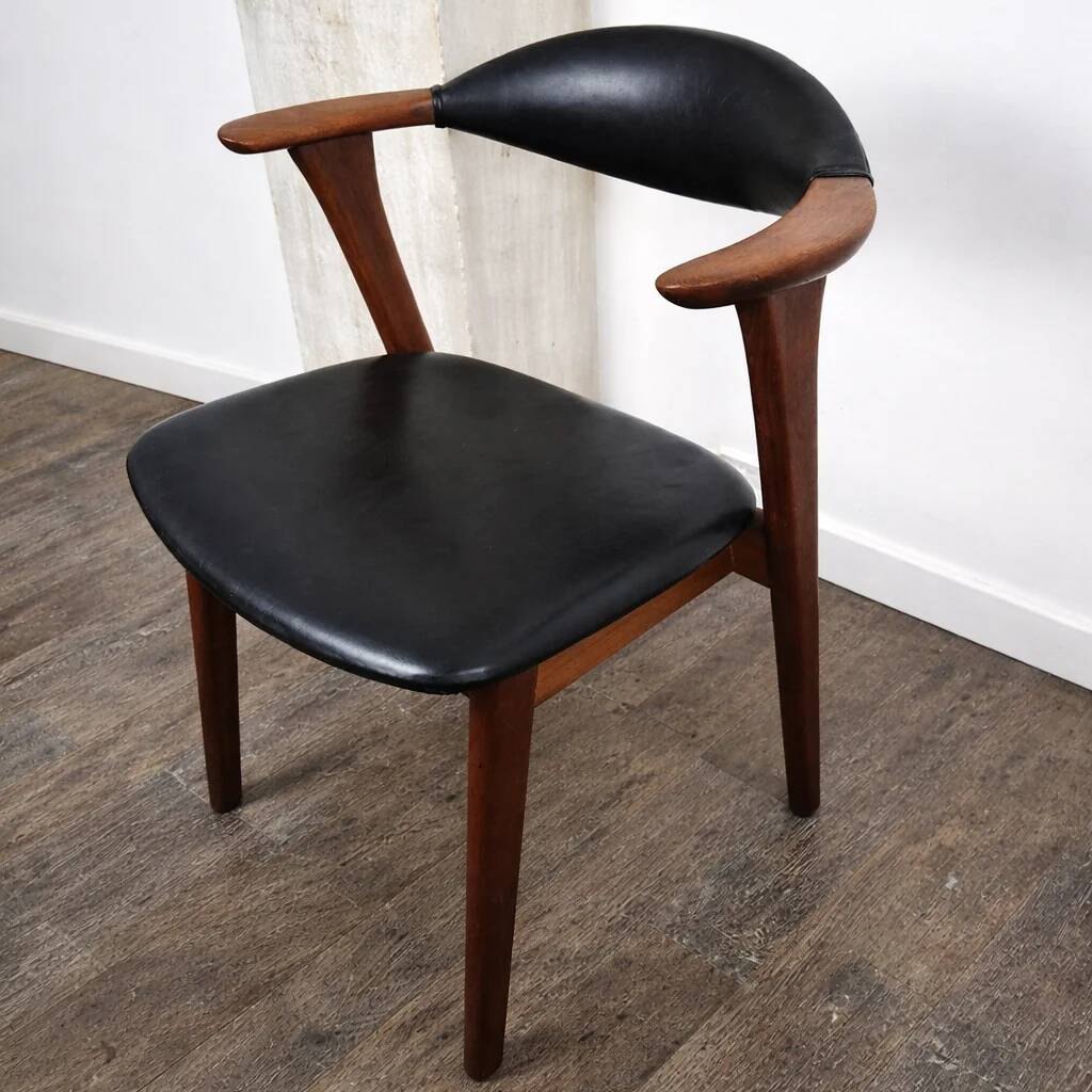 Teak chair with faux leather, model 49 by Erik Kirkegaard for Høng Møbelfabrik, Denmark, 1960.