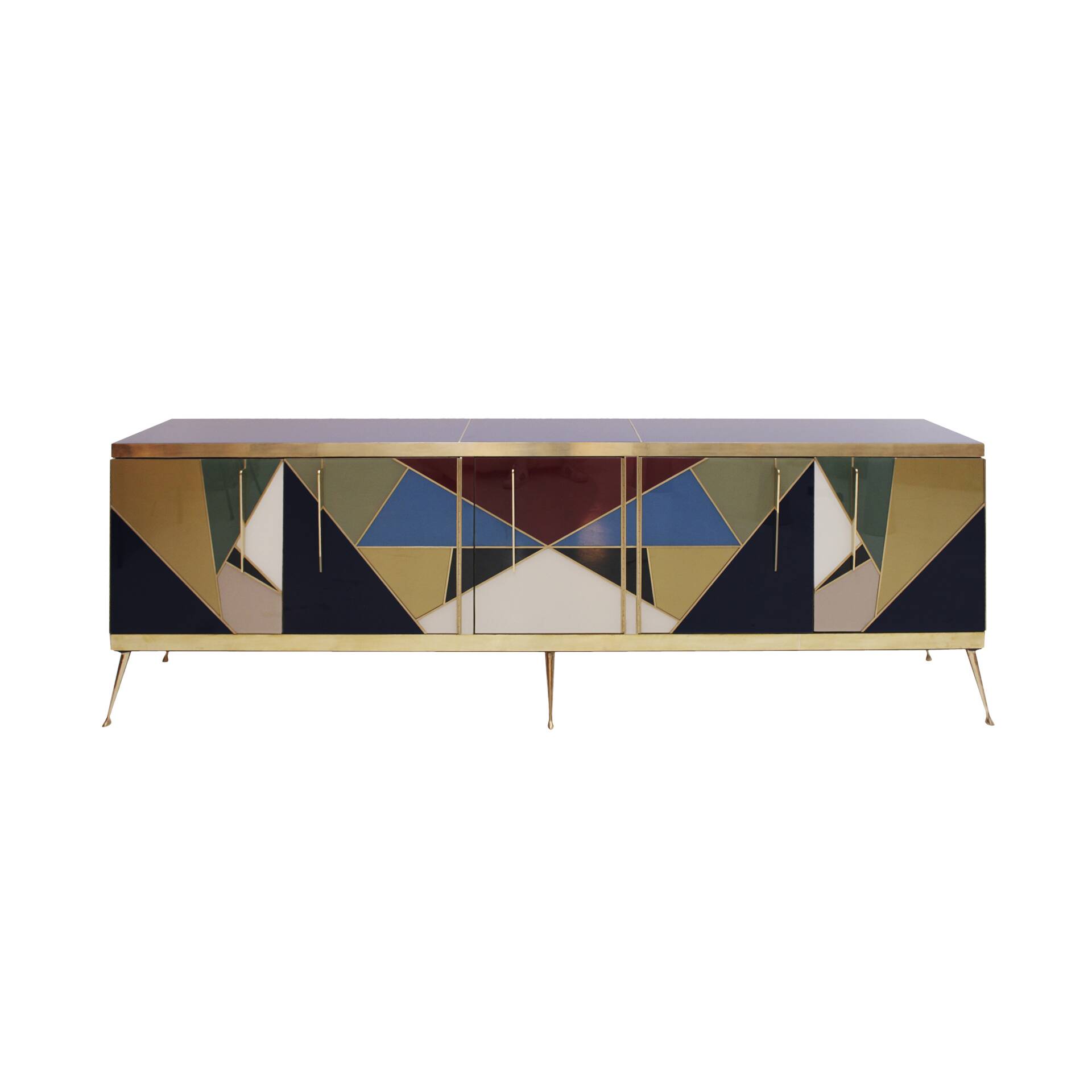 Mid-Century Modern Style Italian Sideboard Made of Wood Brass and Colored G