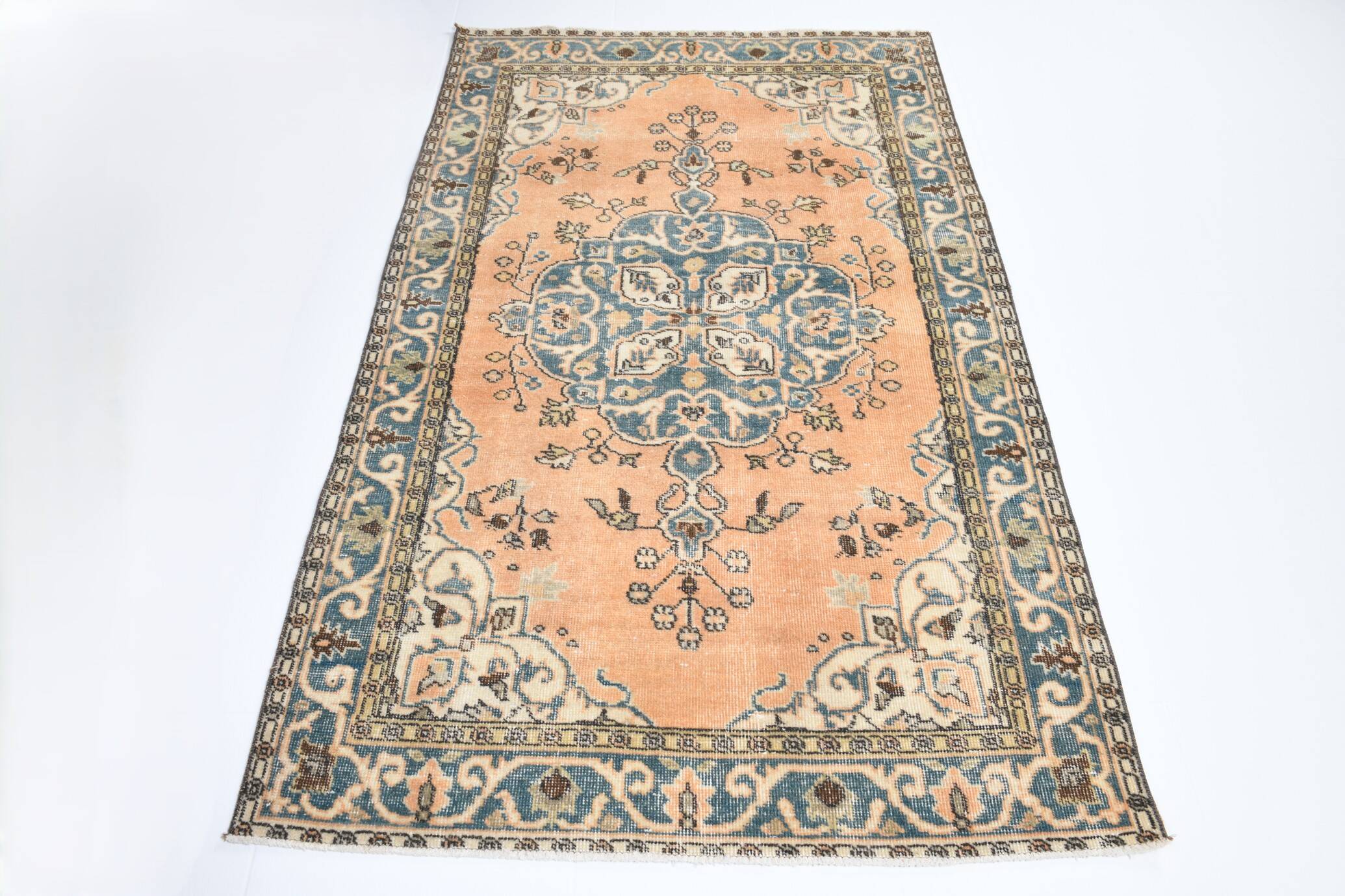Vintage Peach Oriental Rug, Faded Petrol Blue Border, Soft Handmade Carpet