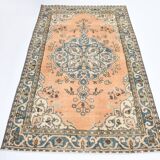 Vintage Peach Oriental Rug, Faded Petrol Blue Border, Soft Handmade Carpet