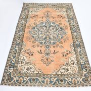 Vintage Peach Oriental Rug, Faded Petrol Blue Border, Soft Handmade Carpet
