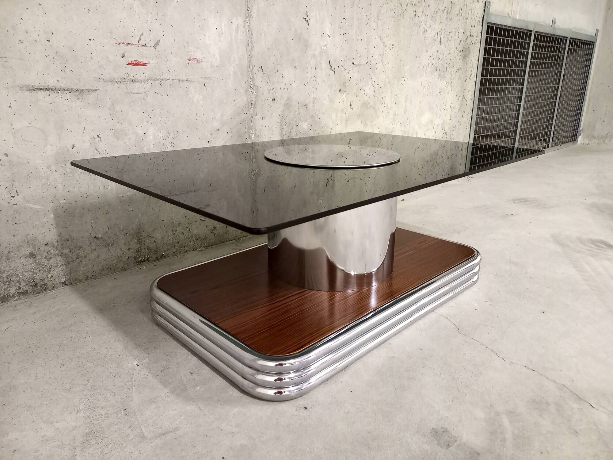 Vintage coffee table in smoked glass, chrome metal and wood décor 60s 70s