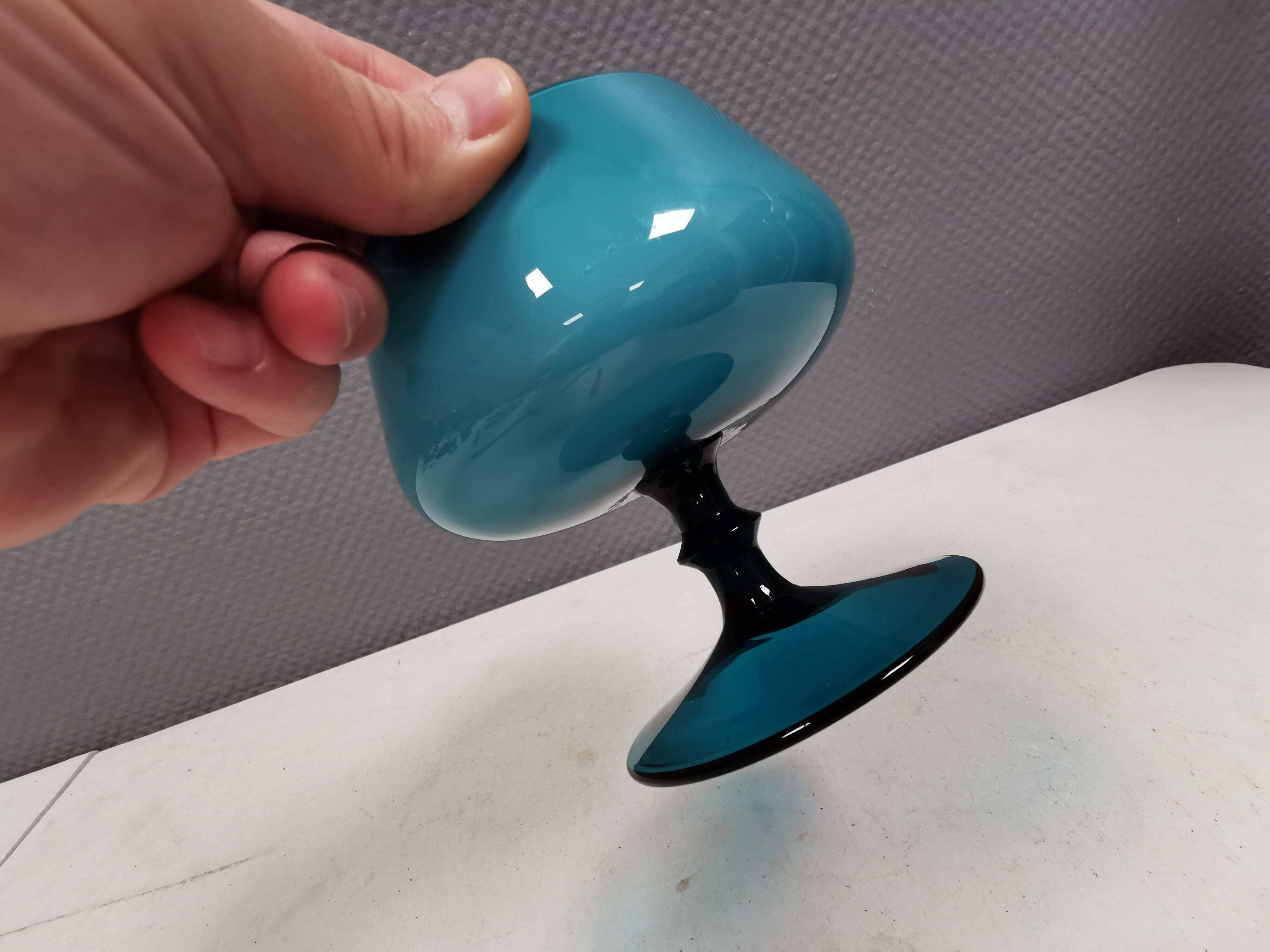 Vintage turquoise glass pedestal bowl Carlo Moretti Italy 1960s