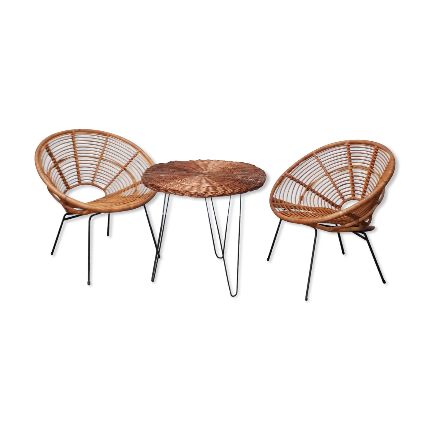 Set of armchairs "soleil" and rattan table of the years 50