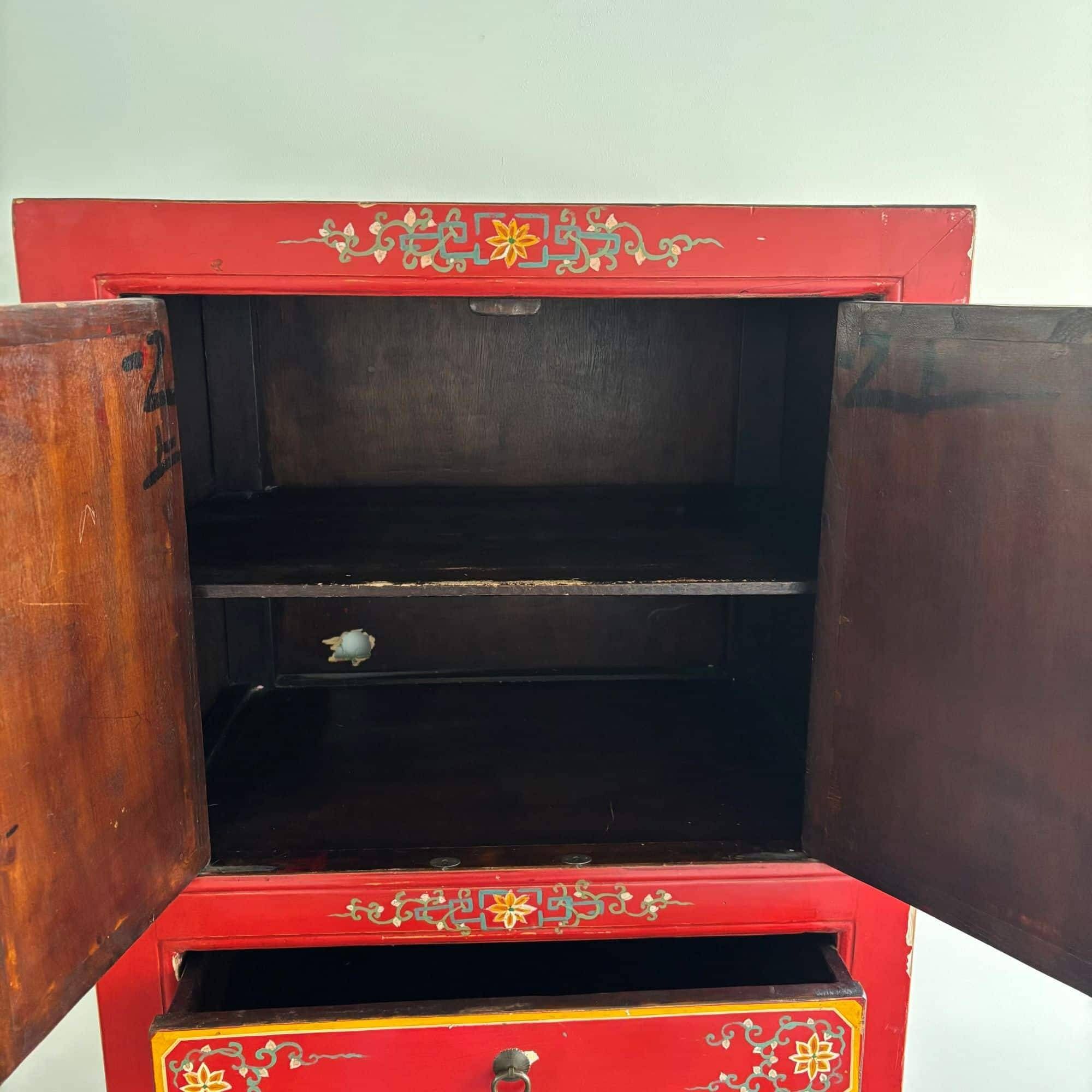 Chinoiserie, Asian wooden cabinet, painted with decor of flowers and birds