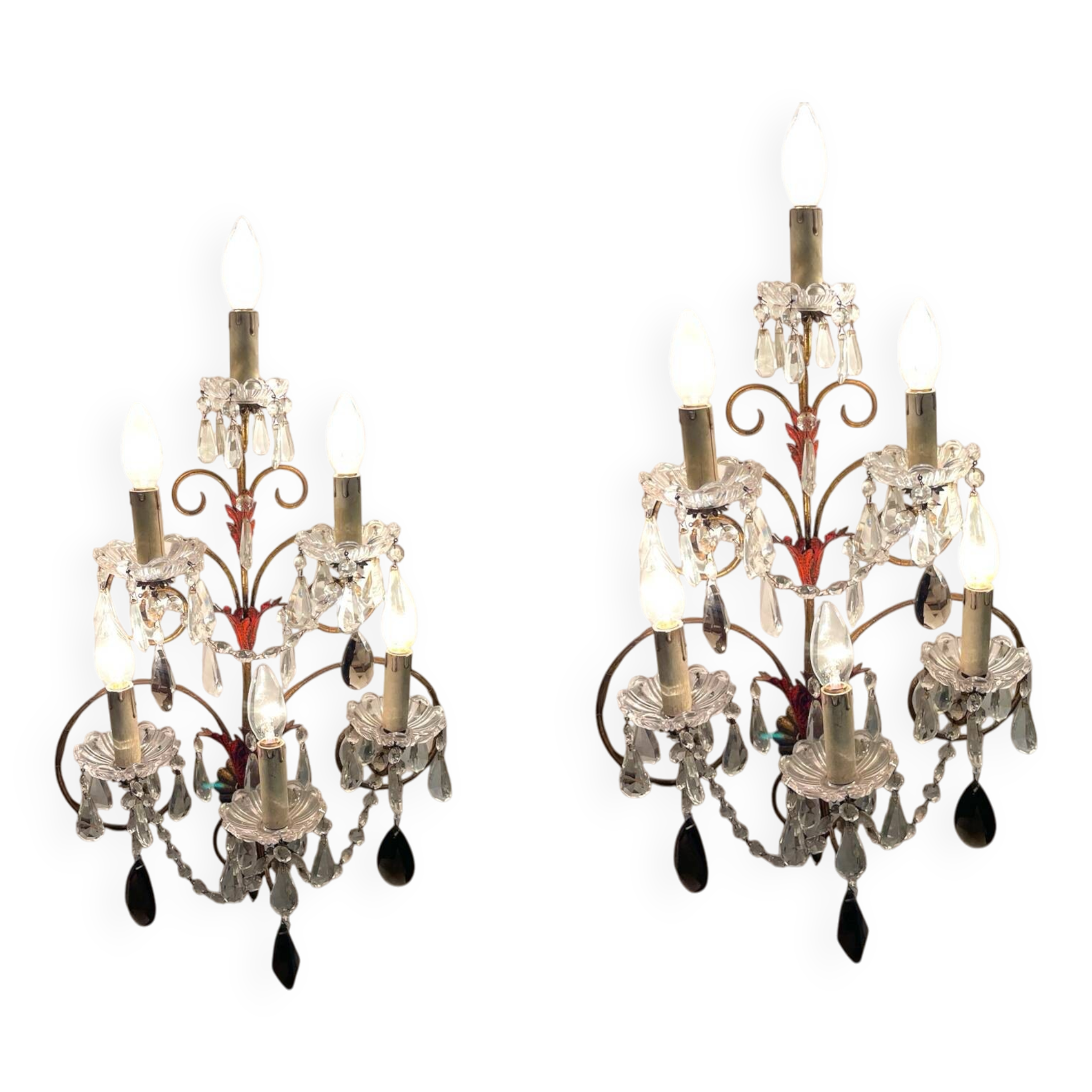 Florentine Tole Crystal Sconces Set of 2 1950’s