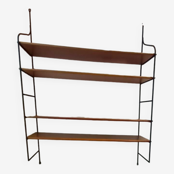 Vintage metal and solid wood string style wall shelf.