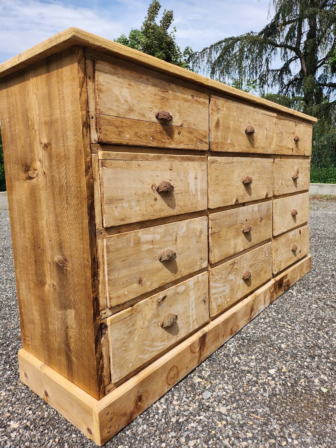 Antique fir wood workshop cabinet with drawers