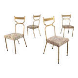 Ensemble de 4 Chaises en Fer Doré et Tissu Fleuri, Espagne, 1980s