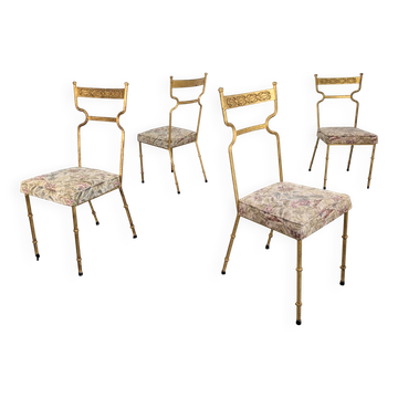 4 chaises en fer doré et tissu fleuri, Espagne, années 1980