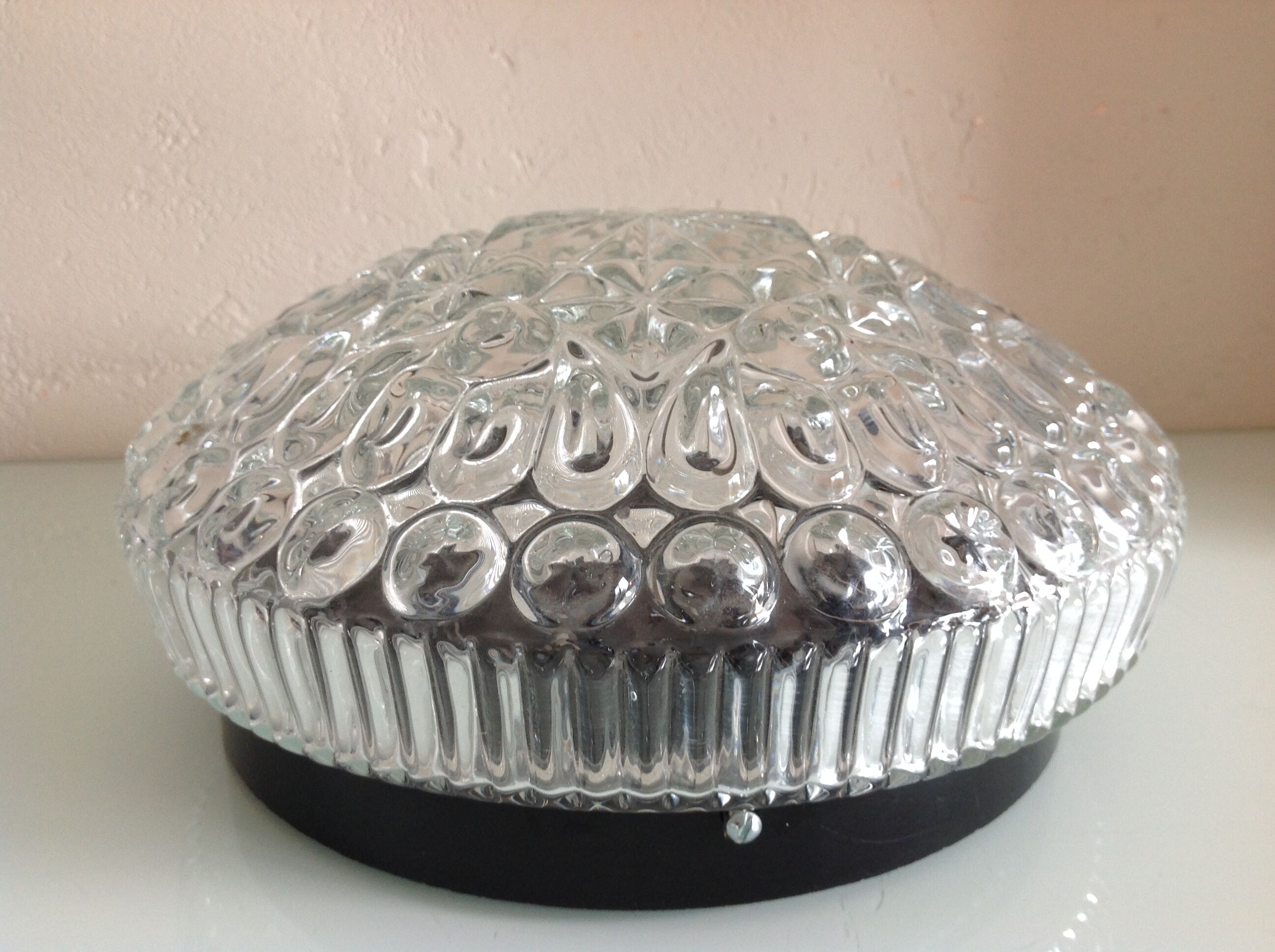 Structured glass round ceiling lamp vintage 60s-70s
