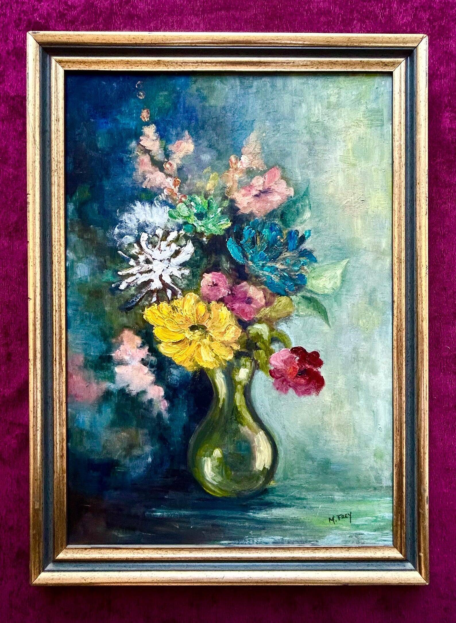 1950s Vintage French Floral Oil Painting • Impressionist Bouquet in Vase