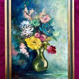 1950s Vintage French Floral Oil Painting • Impressionist Bouquet in Vase