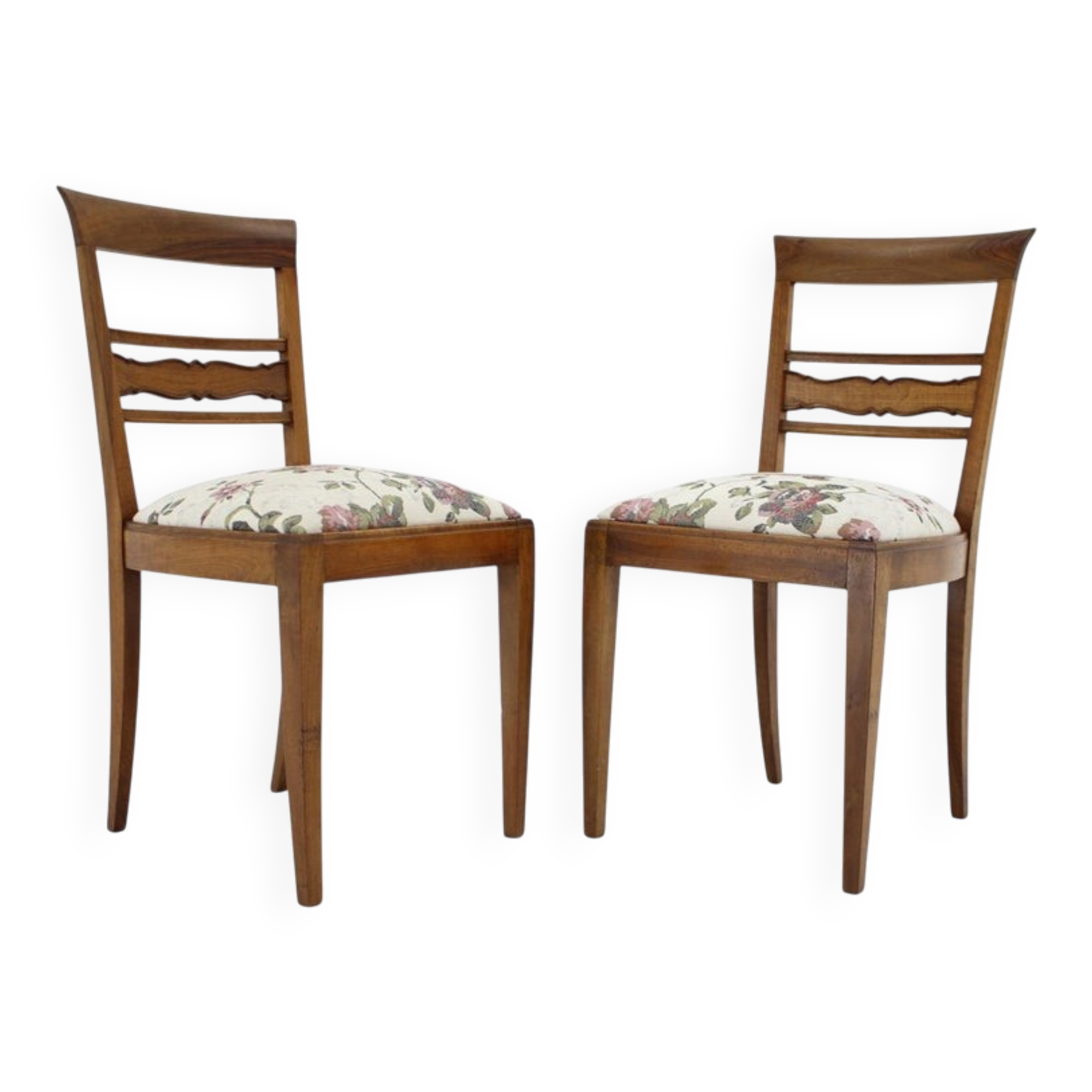 Pair of 1950s Czechoslovakian Refurbished Walnut Side Chairs in Floral Fabr