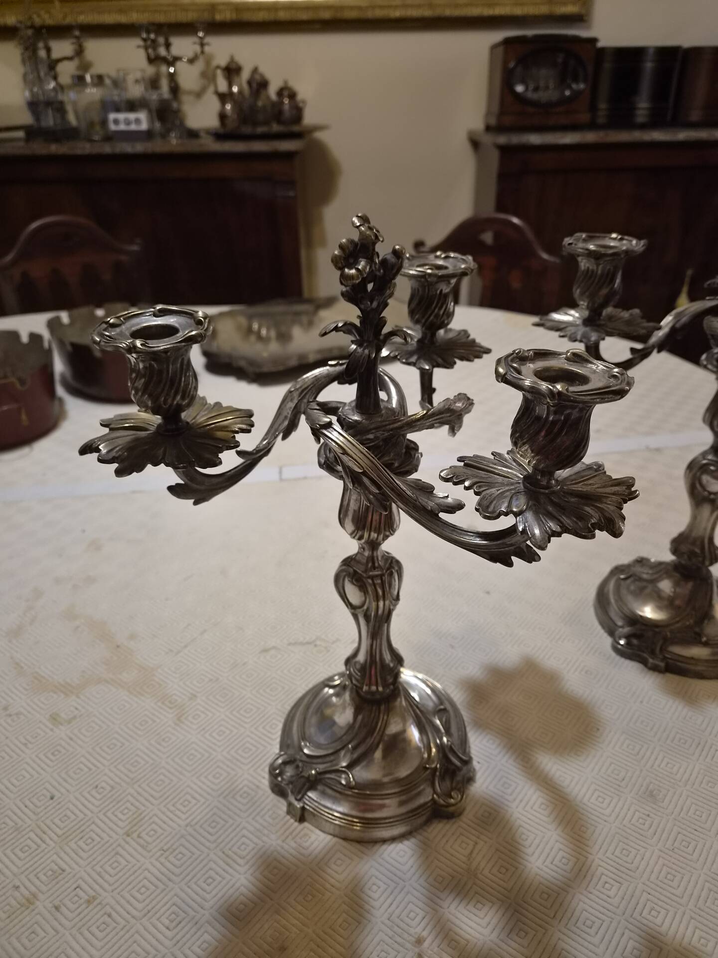 Pair of Louis XV style candelabra, in silvered bronze, 19th century.